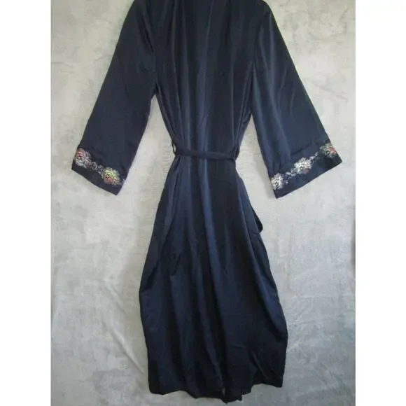 Natori Navy Floral Embroidered Kimono Robe Women's Medium Belted Satin Loungewea - Picture 4 of 9